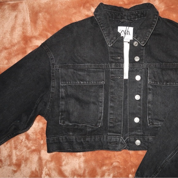 Zara Black Cropped Denim Utility Jacket 0/8197/279/800/02 - Picture 5 of 12